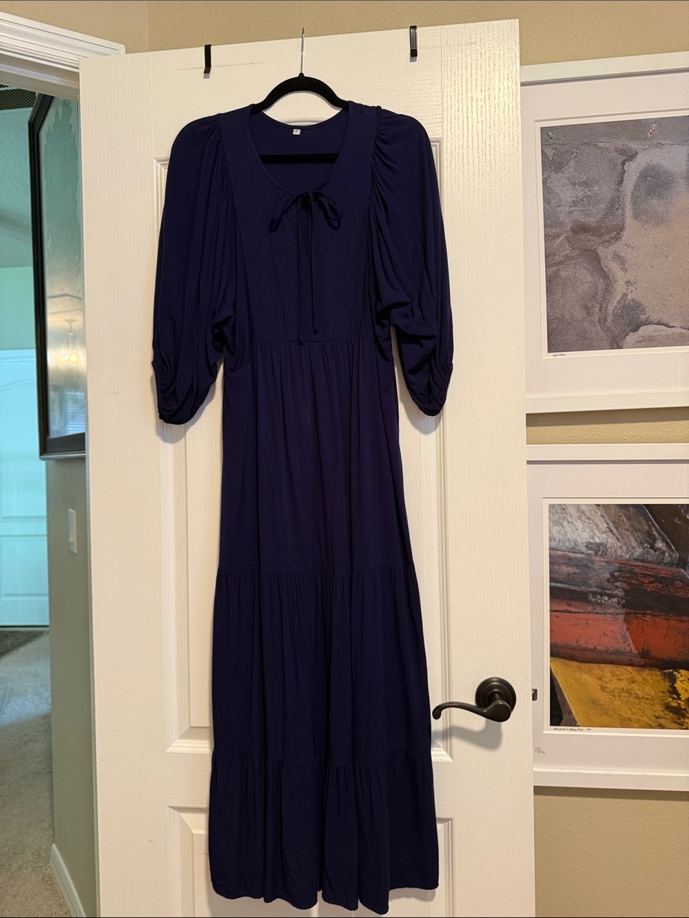 Amazon Navy Maxi Dress with Puff Sleeves and Tie Neck